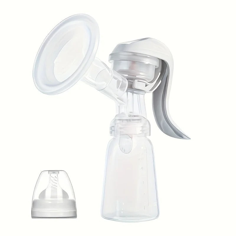 Manual breast pump with milk collection bottle and baby feeding bottle nipple attachment