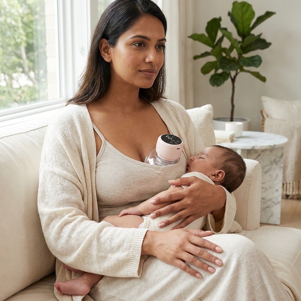 Mother using wearable electric breast pump at home for hands free milk expression