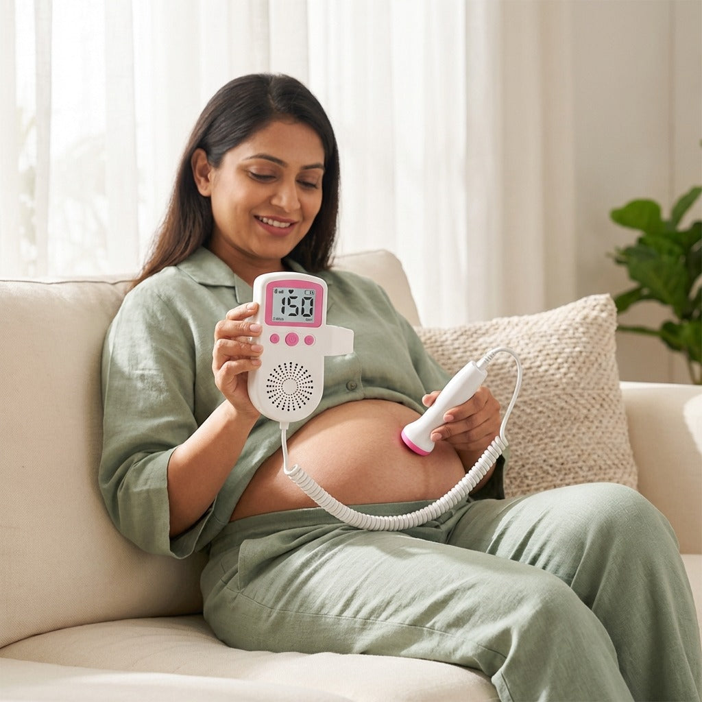 Pregnant mother using baby heartbeat listener at home for reassurance