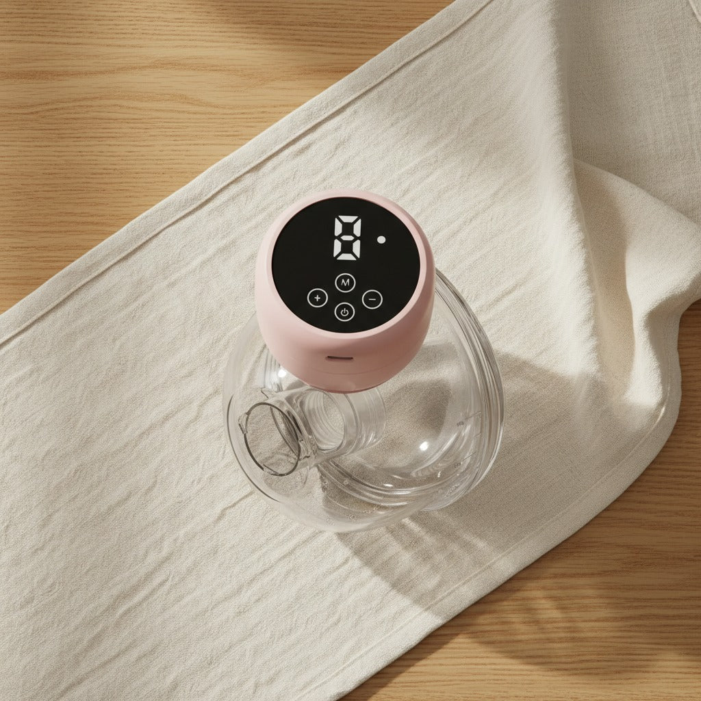 Wearable electric breast pump in pink with digital display for hands free milk expression