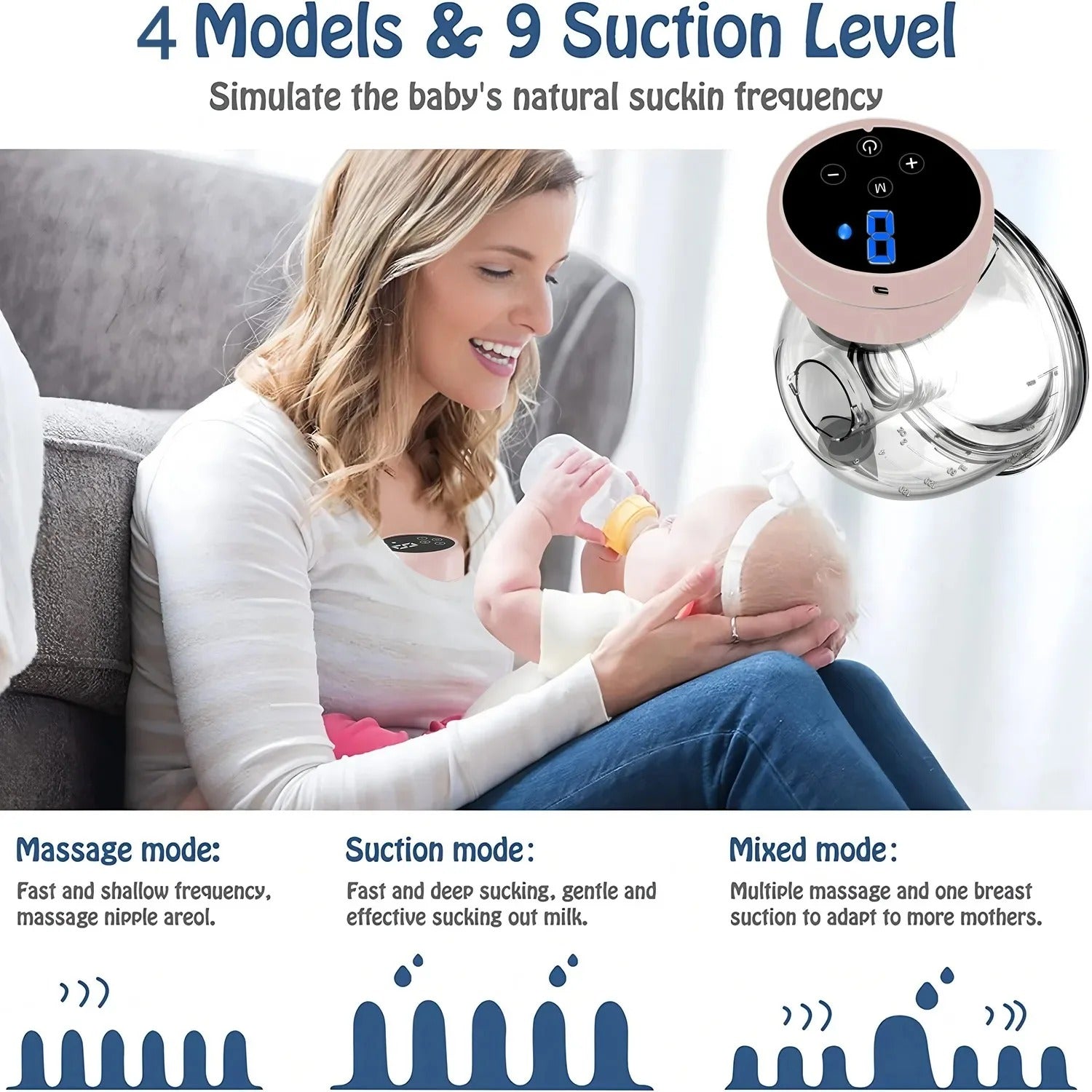 Electric breast pump showing massage suction and mixed pumping modes
